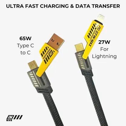Two charging cables with connectors for Type C and Lightning, labeled for fast charging and data transfer.