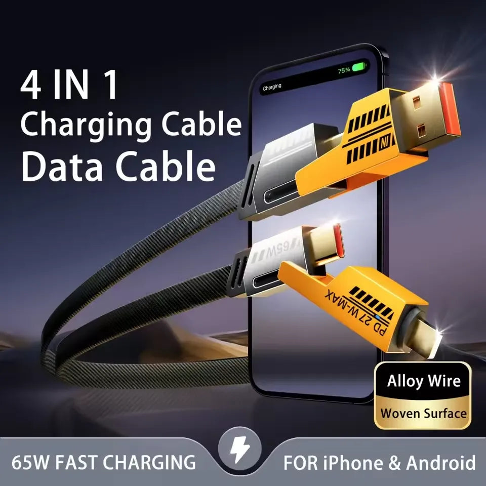 4-in-1 charging and data cable with smartphone on a dark background