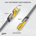 Multifunctional cable with USB A, Type C, and Lightning connectors on a light gray background.