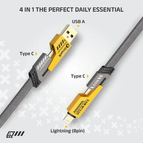 Multifunctional cable with USB A, Type C, and Lightning connectors on a light gray background.