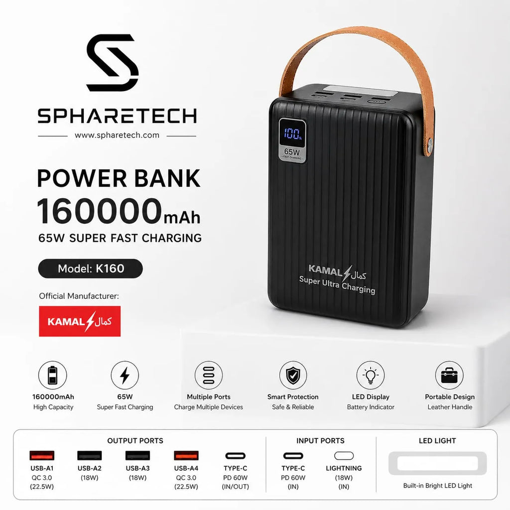 Spharetech power bank with specifications on a white background