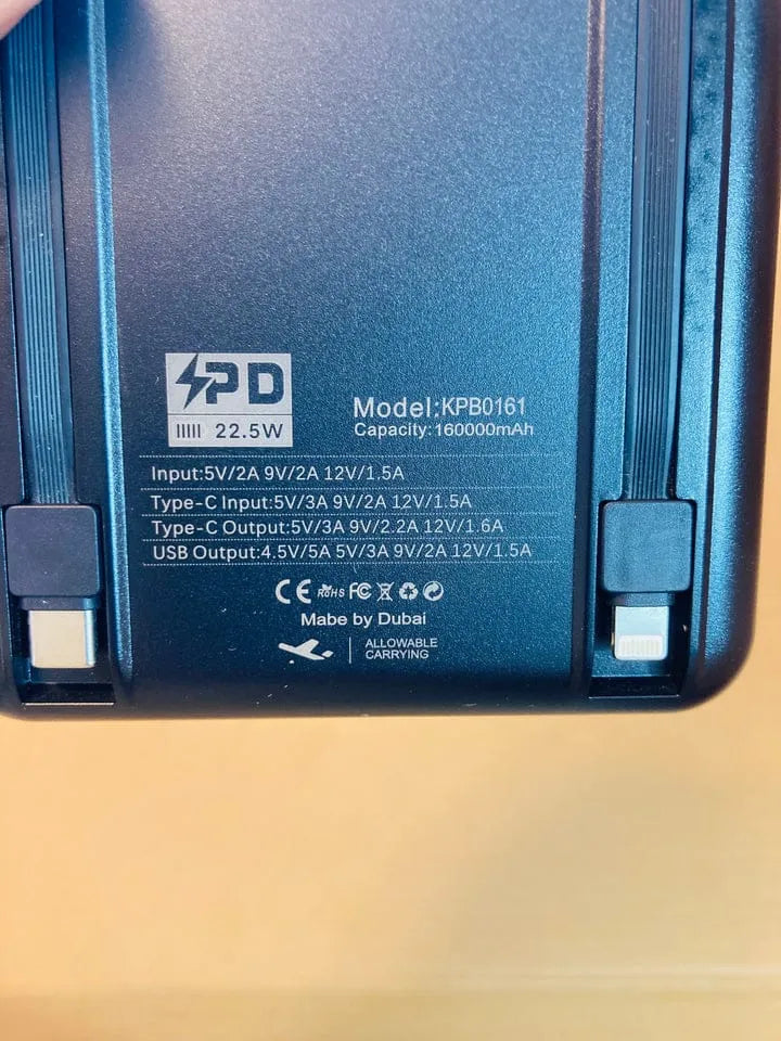 Back view of a blue power bank with specifications on a yellow background
