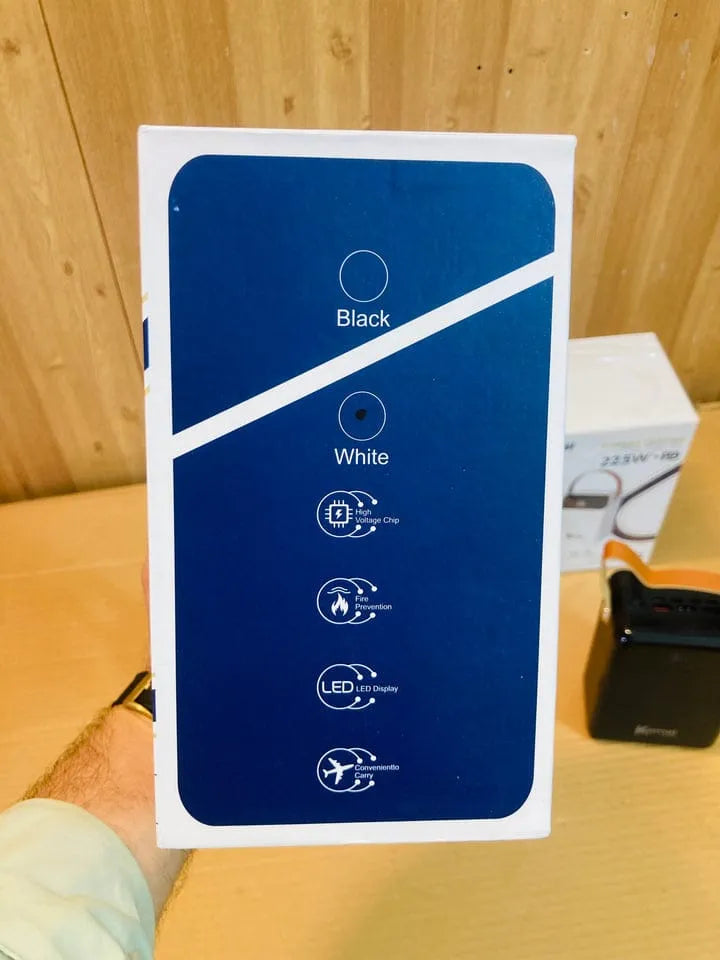 Blue and white product packaging with icons and text on a wooden surface
