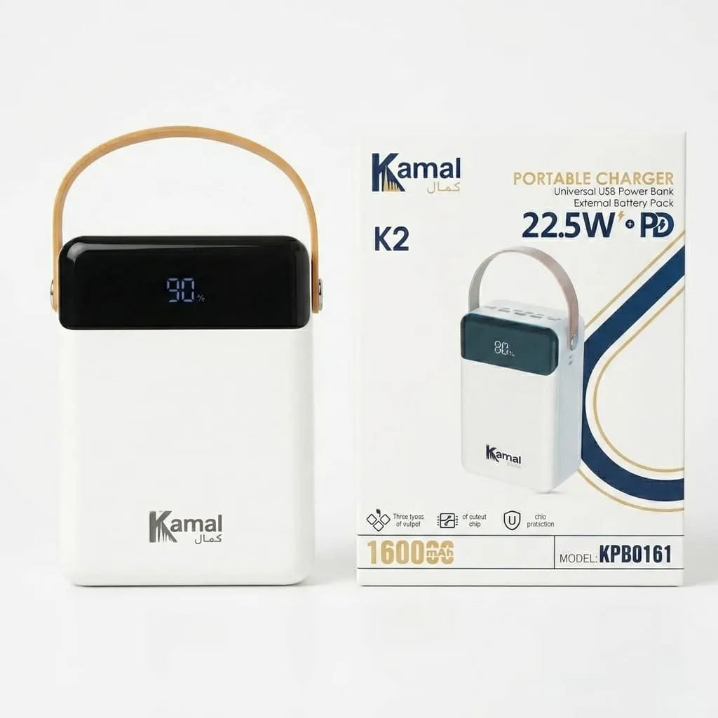 Kamal portable charger K2 with packaging on a white background