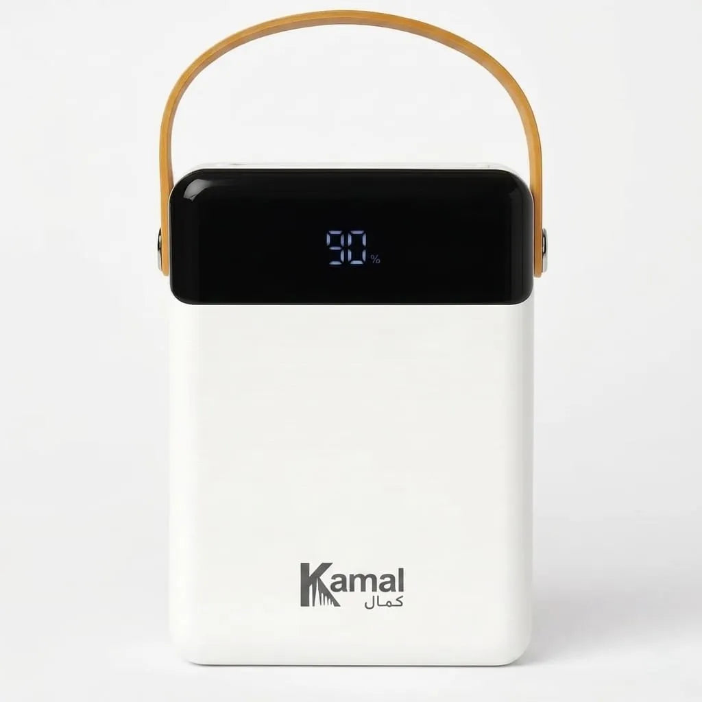 White portable charger with black top and 'Kamal' branding on a white background