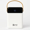 White portable charger with black top and 'Kamal' branding on a white background
