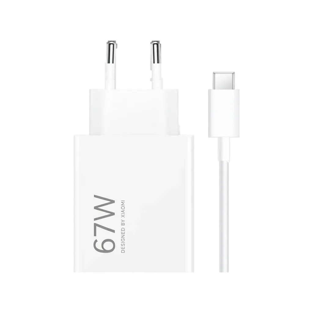 White charging cable and adapter with '67W' marking on a white background